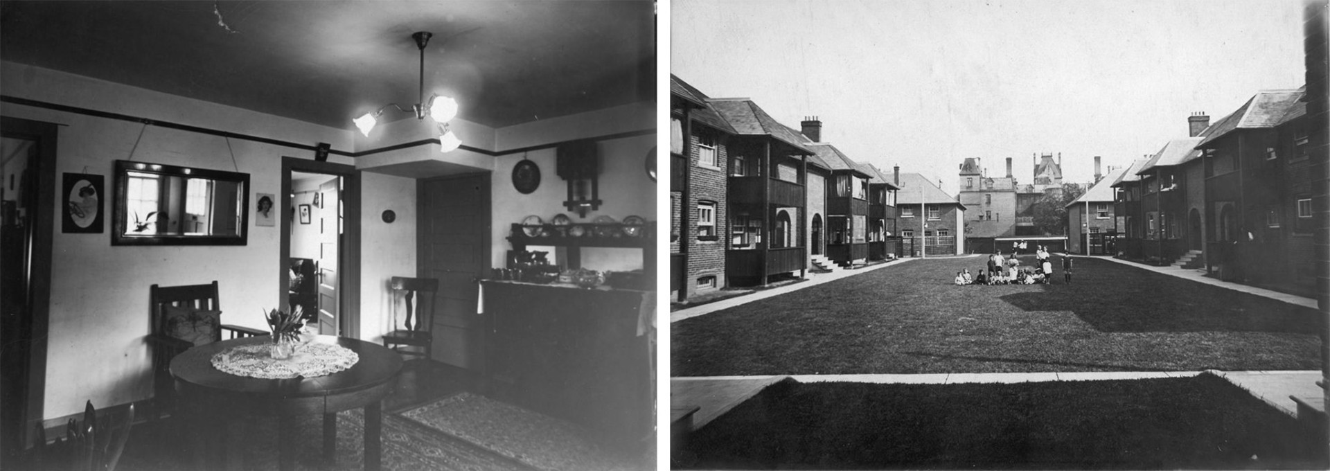 On the left, a black and white image of the interior of a dining room with wooden furniture and a chandelier. On the right, a black and white exterior view of a courtyard surrounded by two-storey row houses with children sitting and playing on a grassy lawn.